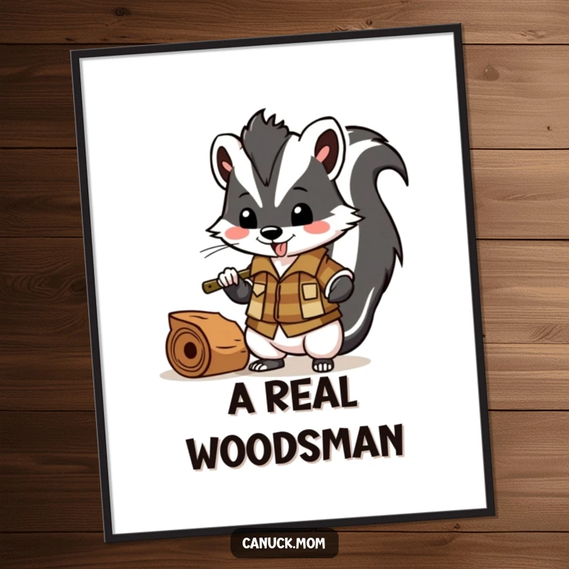 Funny skunk in lumberjack shirt chopping wood, rustic and humorous poster for wall decor.