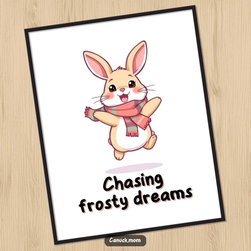 Funny snowshoe hare poster showcasing a happy bunny wearing a scarf and hopping with excitement, ideal for adding a touch of winter whimsy.