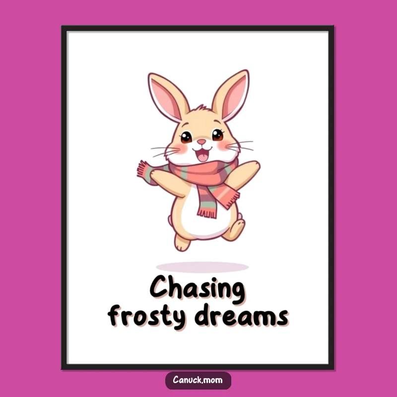 Funny Snowshoe Hare Poster: Happy Scarf-Wearing Bunny Hopping Art