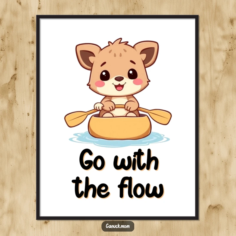 Funny poster art of a cheerful animal paddling a canoe, bringing vibrant outdoor energy to any room.