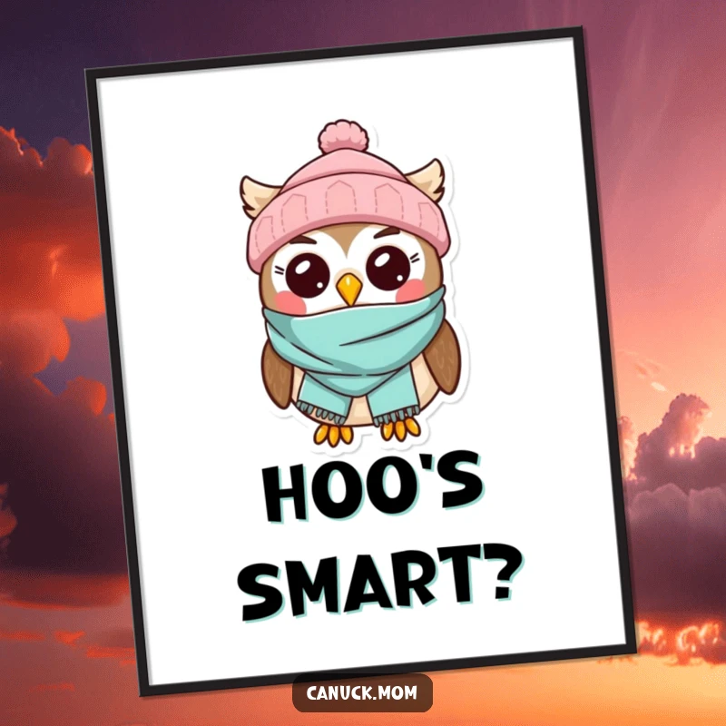 Kawaii Owl Poster Print featuring an adorable character wearing a toque and scarf, bringing winter charm.