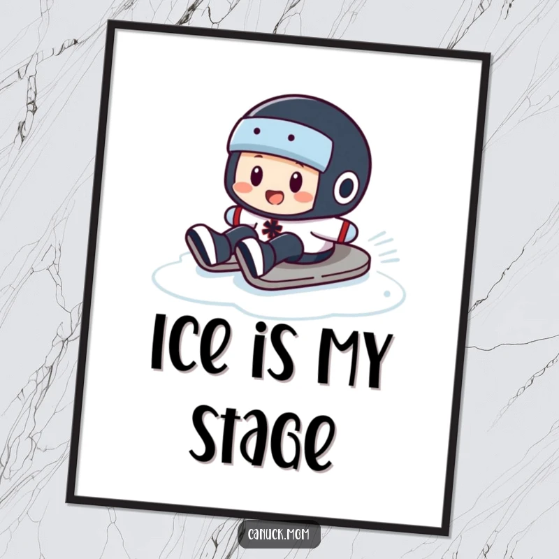 Funny Puck Slide Poster: A dynamic illustration of a hockey puck character performing a comical slide on a slippery ice surface.