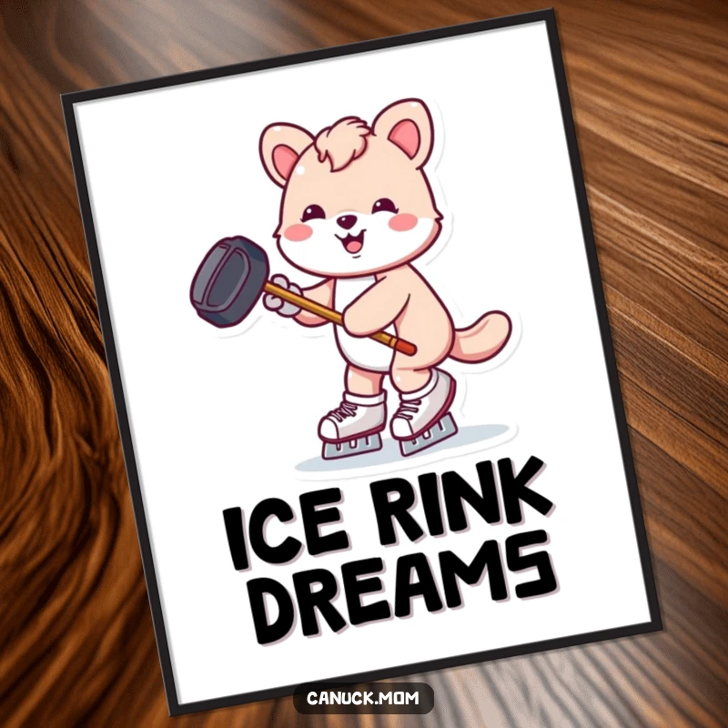 Funny animal joyfully skating with a hockey puck and stick, a humorous and dynamic poster.