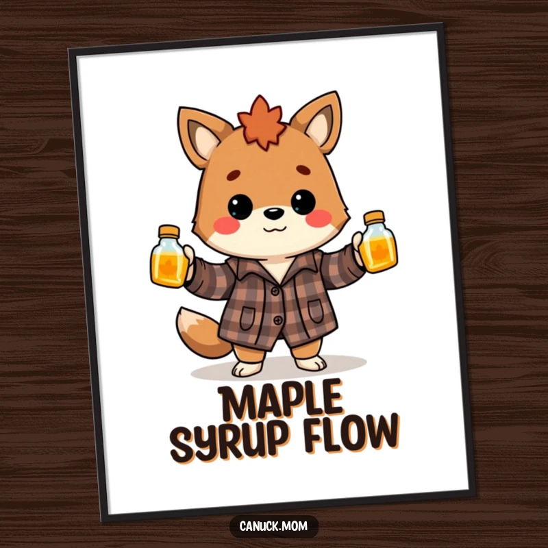 Funny Canadian animal in flannel shirt juggling maple syrup bottles, a humorous and artistic poster for any room.
