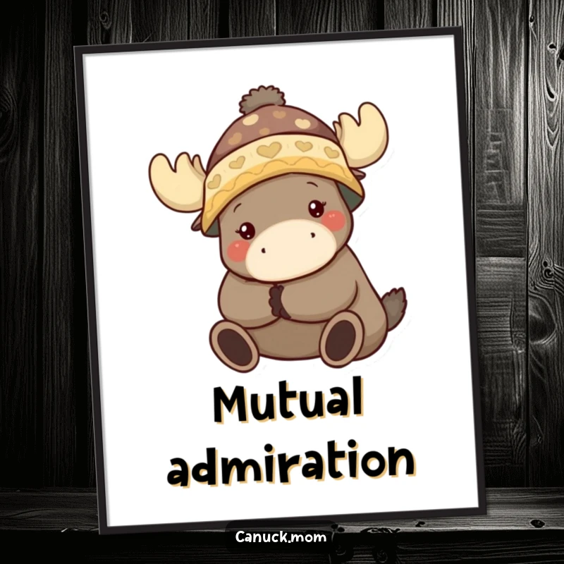 Funny poster of an animal character wearing a toque, hugging a moose in a warm, friendly embrace.
