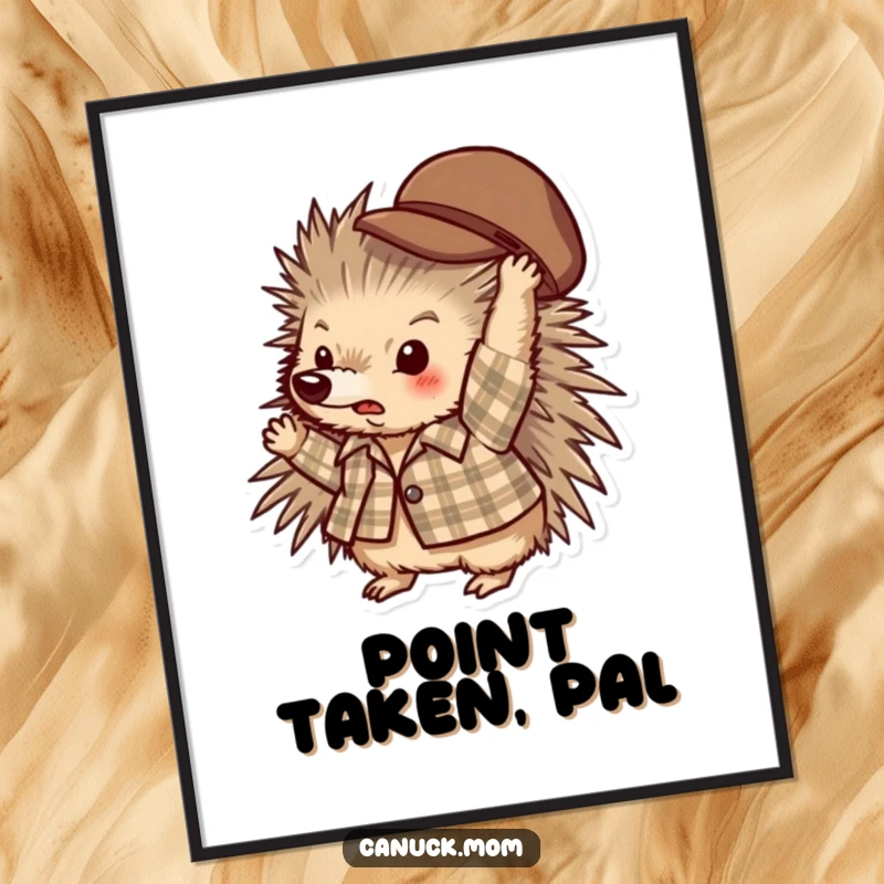 Funny porcupine in a plaid shirt playfully throwing a hat, artistic and humorous wall art.