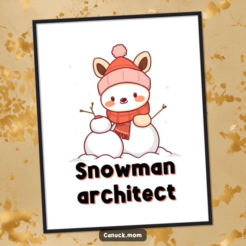 Funny animal wearing a winter hat, happily building a snowman, a charming and humorous poster for winter lovers.