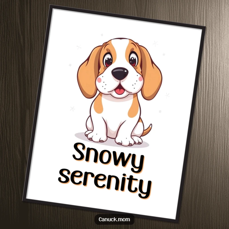 Funny poster print of a Basset Hound wearing earmuffs, looking amused by gently falling snowflakes, perfect for winter decor.