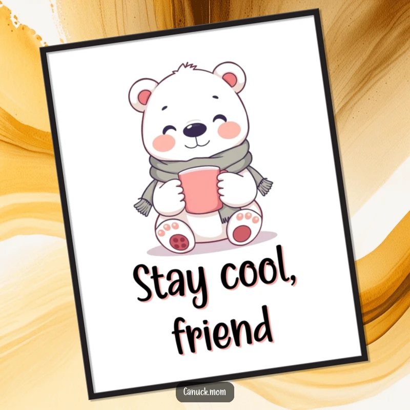 Funny Polar Bear Poster: A heartwarming illustration of a smiling polar bear in a scarf, holding a mug, perfect for decor.