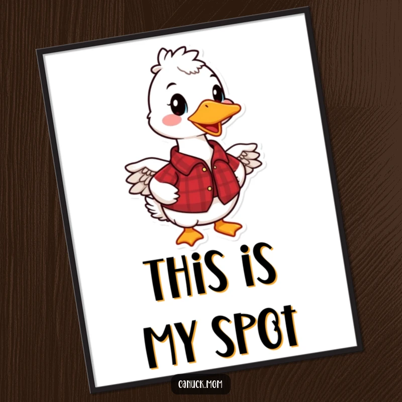 Funny Canadian Goose Poster showcasing a smiling goose in a red plaid shirt, perfect for adding humor to any room, a funny gift.