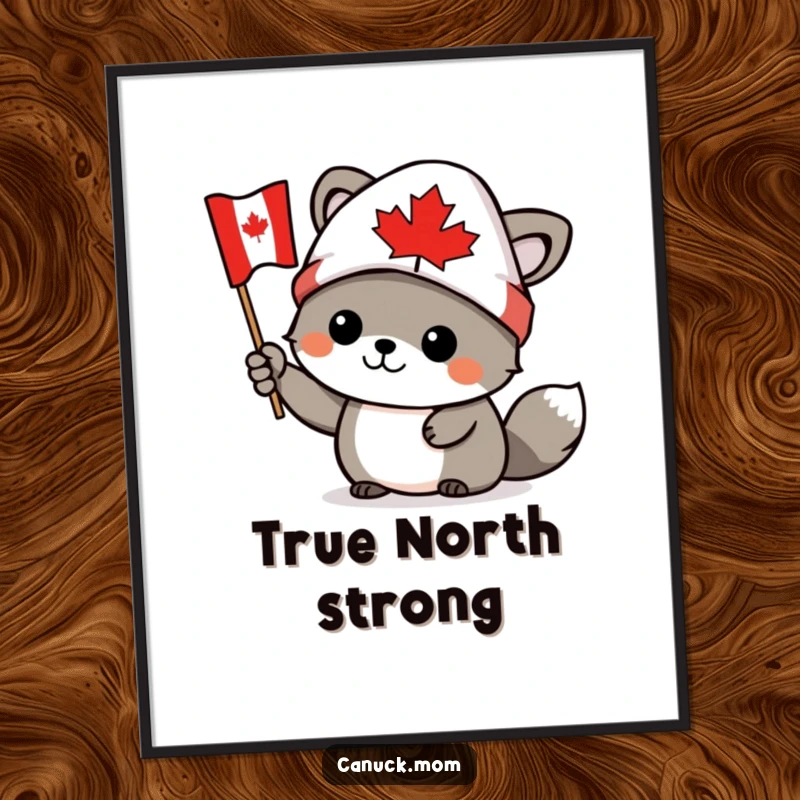 Funny Canadian animal character wearing a toque, waving a tiny Canadian flag, depicted on a charming poster, a humorous gift.