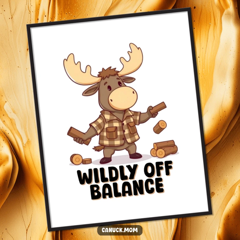 Funny Moose Lumberjack Poster, a vibrant illustration of a cartoon moose in lumberjack attire, juggling small logs with glee, humorous wall decor.