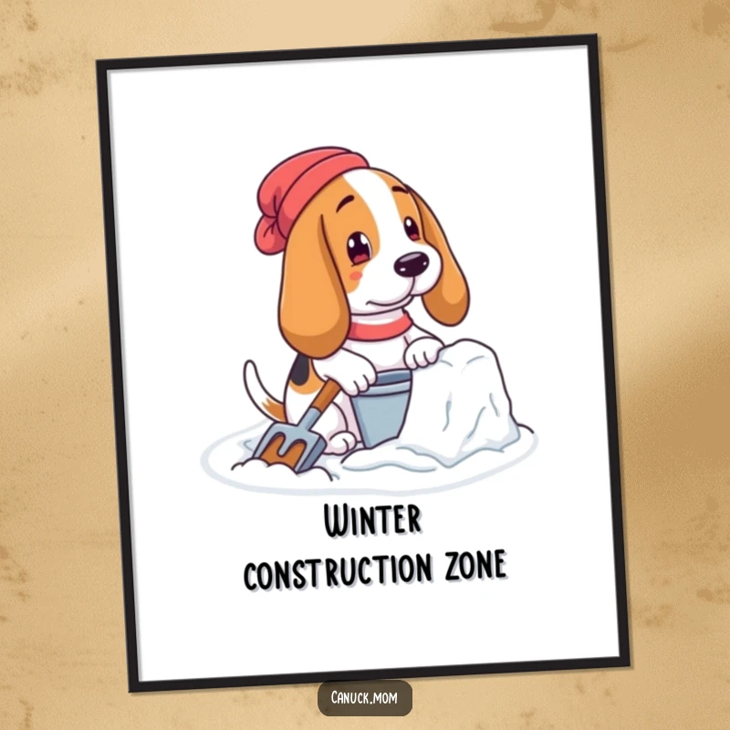 Funny Basset Hound Poster: A dog with pail and shovel focused on building a snow fort.
