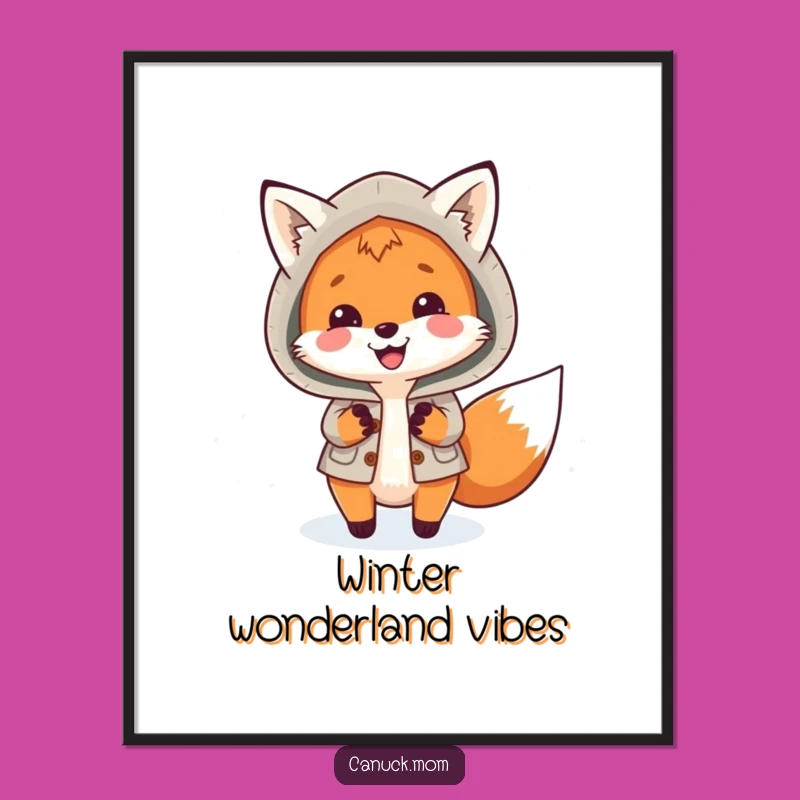 Funny Fox Parka Poster: Whimsical Arctic Fox Chasing Snowflakes Wall Art, Hilarious Gift!