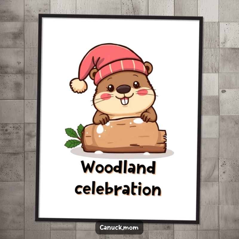 Funny beaver wearing a red toque hat, chopping a brightly decorated festive log, perfect for winter wall art.
