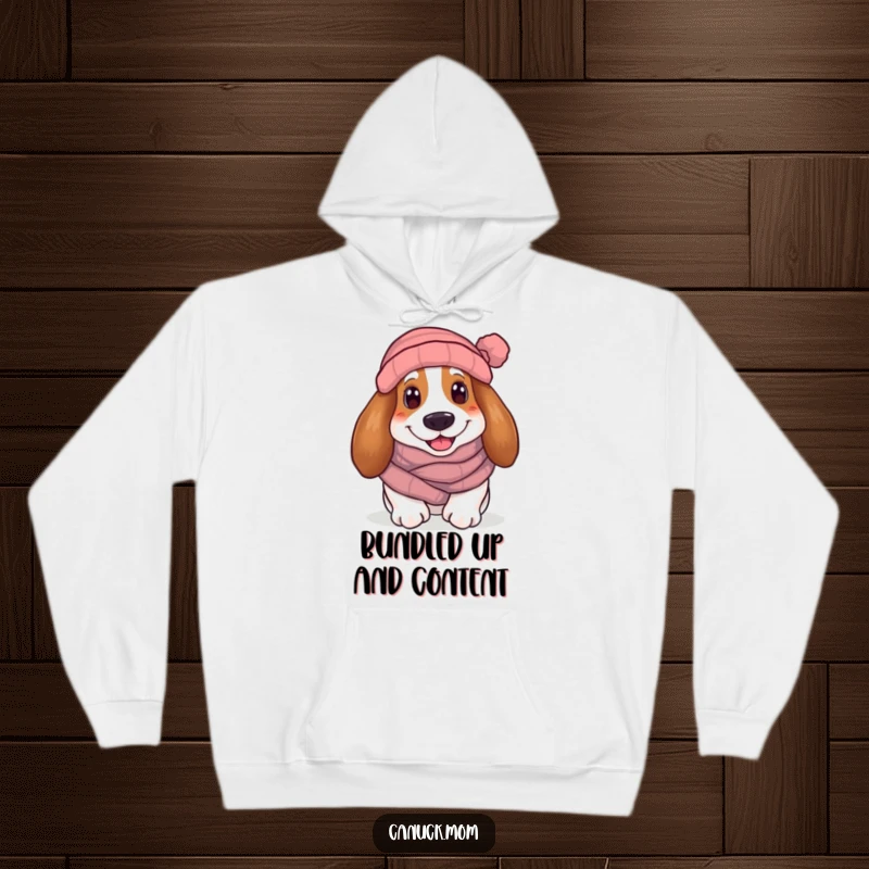Funny Basset Hound Hoodie: A smiling dog in a scarf and toque, embodying ultimate warmth, comfort, and humorous charm.