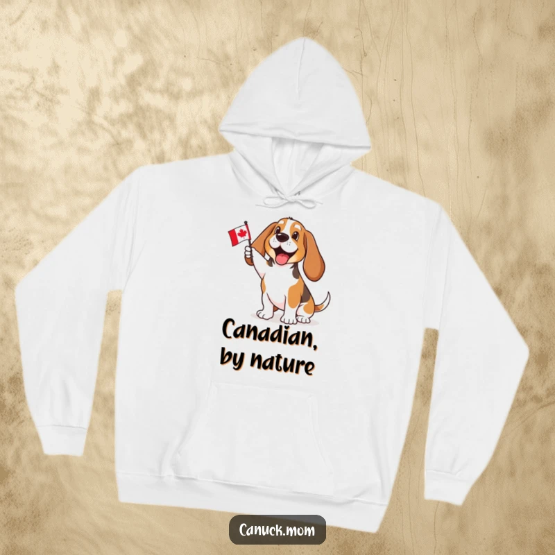 Funny Basset Hound hoodie featuring enthusiastic flag waving, offering a warm and patriotic statement with a humorous touch. Perfect for cozy, smiling moments.