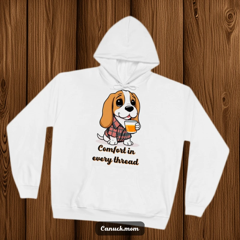Funny Basset Hound Hoodie: A charming Basset Hound in a plaid shirt extends a warm invitation with a cup of tea.