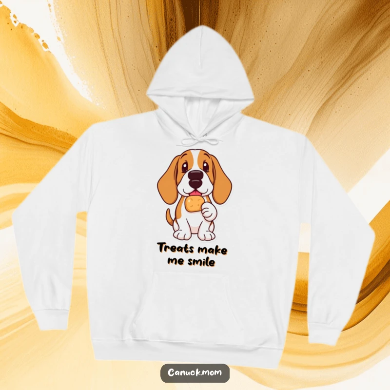 Funny Basset Hound hoodie featuring a delighted dog holding a Timbit, embodying cozy happiness and treat love.