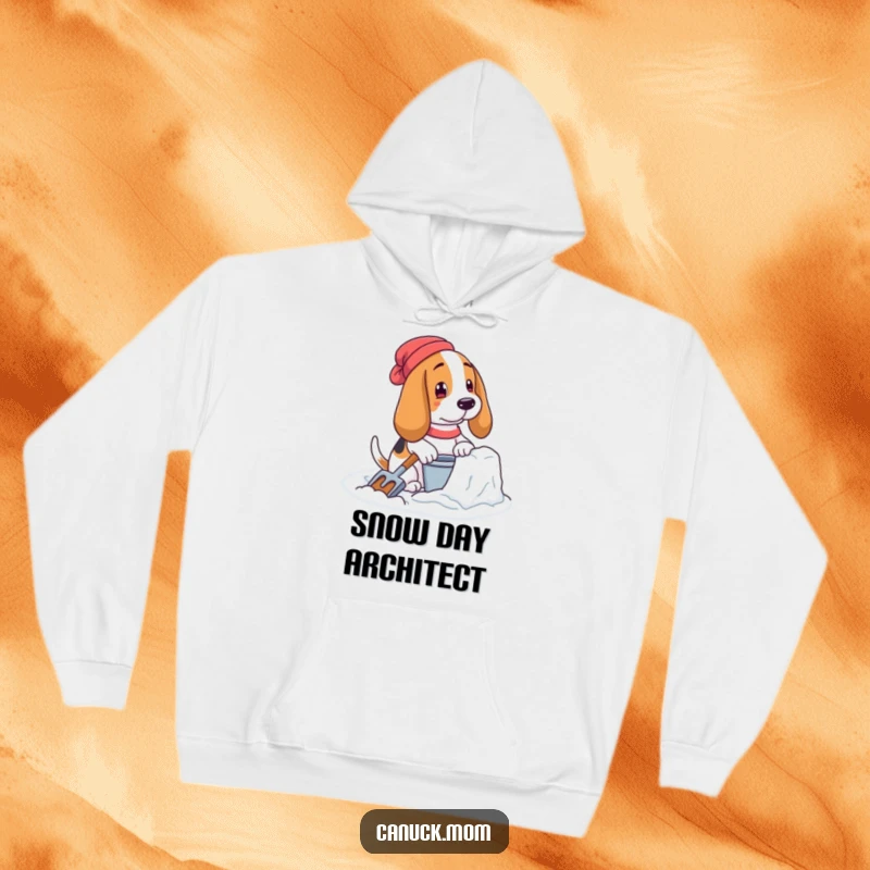 Funny Basset Hound Hoodie: A dog diligently builds a snow fort with a pail and shovel in the snow.