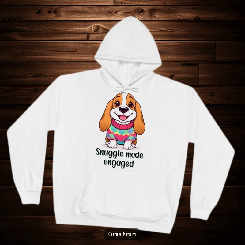 Funny Basset Hound Hoodie: A smiling dog dons a vibrant knitted sweater, offering maximum warmth and cheer.
