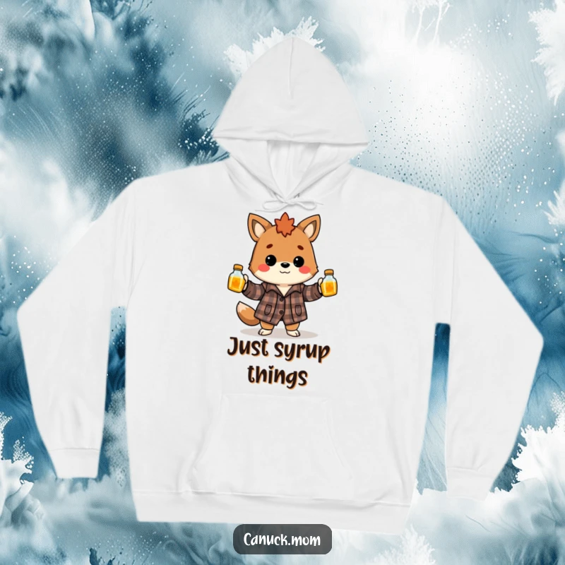 Funny Canadian animal in flannel shirt juggling maple syrup bottles, a warm and humorous hoodie for chilly days.