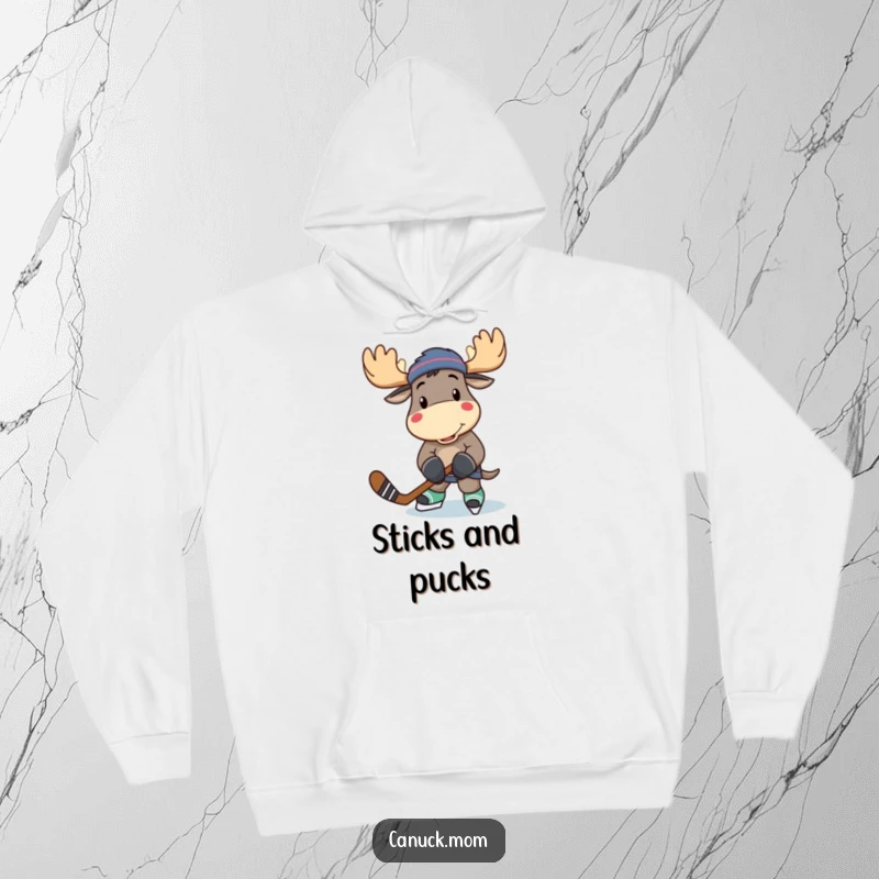 Funny illustrated moose character holding a hockey stick, ready to play, featured on a soft and warm hoodie.