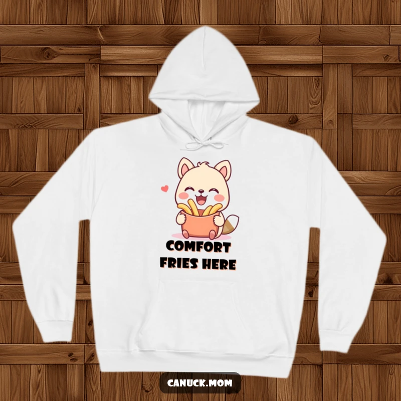 Funny and cozy hoodie featuring an animal character beaming with joy while holding a massive poutine. Ideal humorous apparel gift.
