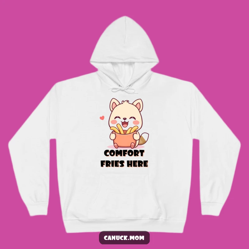 Cozy Funny Poutine Hoodie: Smiling Animal Character, Warm & Hilarious Gift Idea