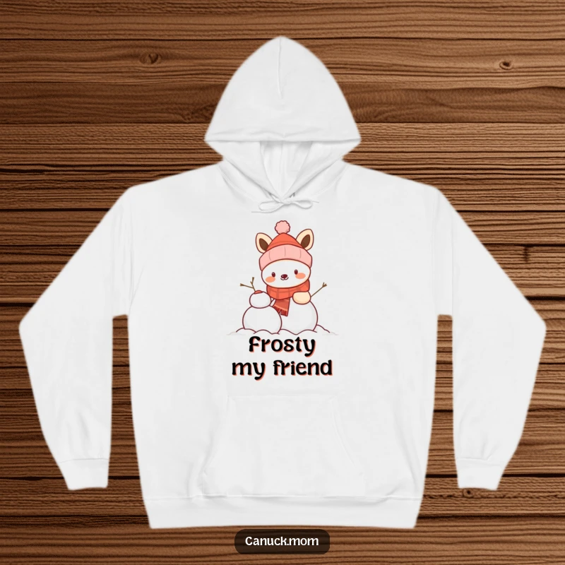 Funny animal wearing a winter hat, happily building a snowman, a warm and humorous hoodie for winter.