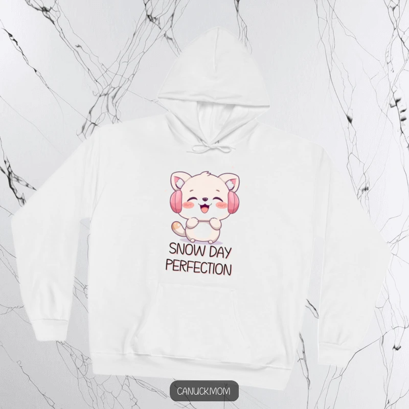 Funny and warm hoodie with an animal character in earmuffs, laughing joyfully while catching snowflakes. Cozy winter humor gift.