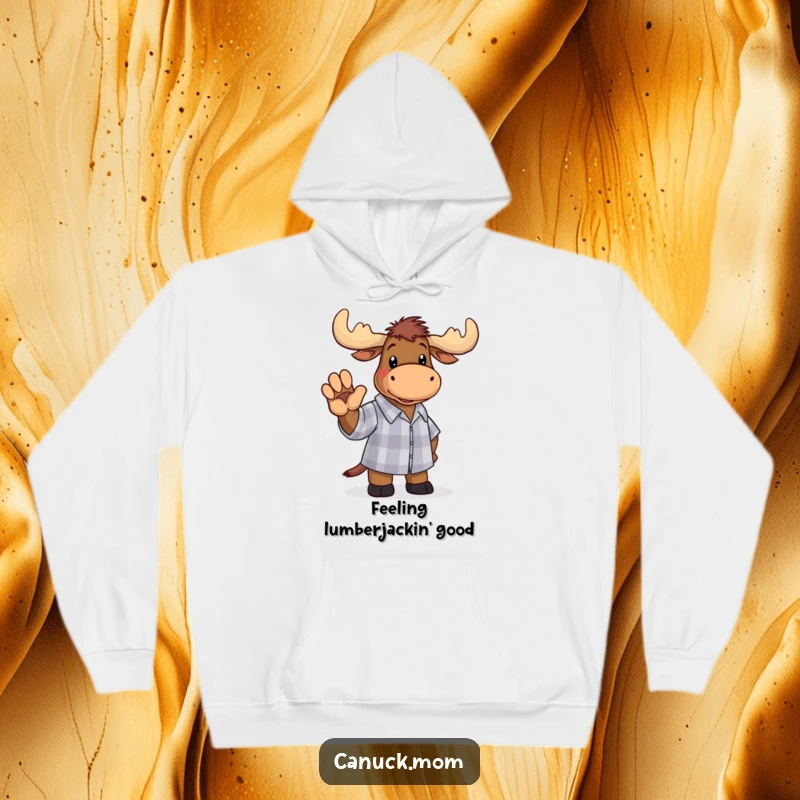 Funny moose rocking a checkered shirt and waving, printed on a cozy hoodie, radiating warmth and woodland wit.