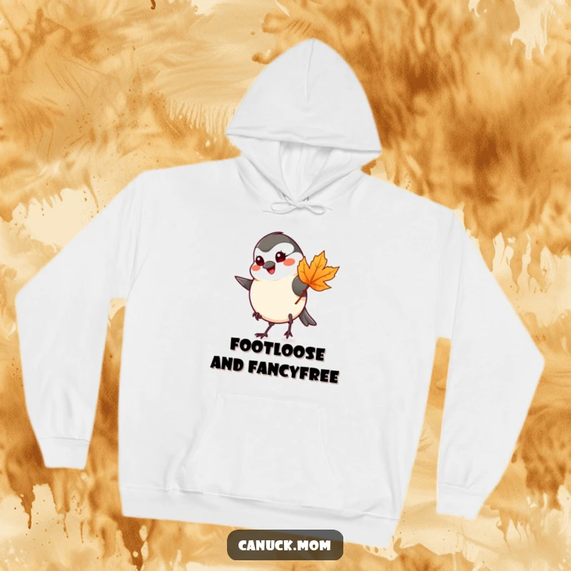 Funny chickadee tapping foot with a maple leaf, designed on a cozy hoodie for autumn lovers.
