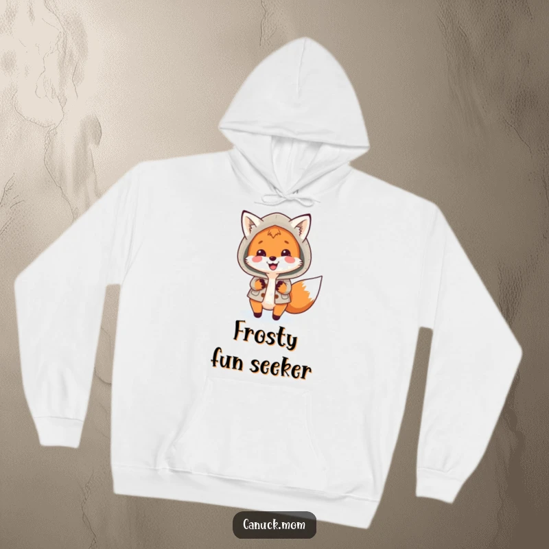 Funny Fox Parka Hoodie: A smiling fox in a warm parka gleefully chases snowflakes, embodying the spirit of playful winter.