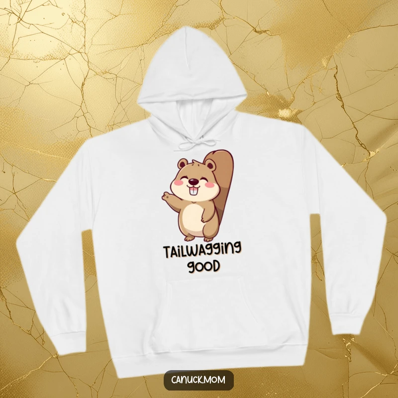 Funny hoodie depicting an animal character with a beaver tail, enthusiastically waving a welcoming hello.