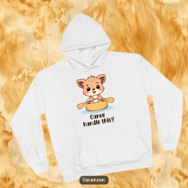 Funny hoodie featuring a cheerful animal paddling a canoe, perfect for cozying up after outdoor fun.