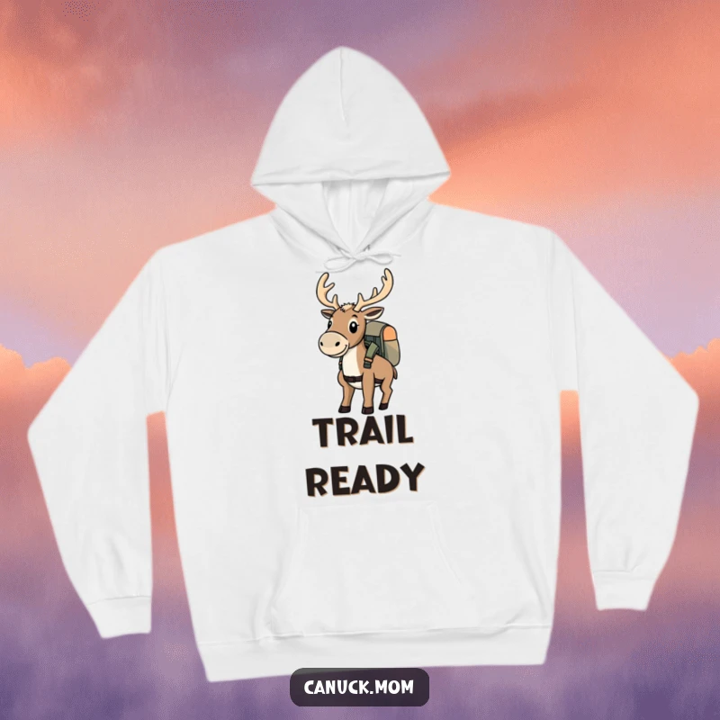 Funny determined caribou with a backpack, designed on a warm hoodie for adventurers.