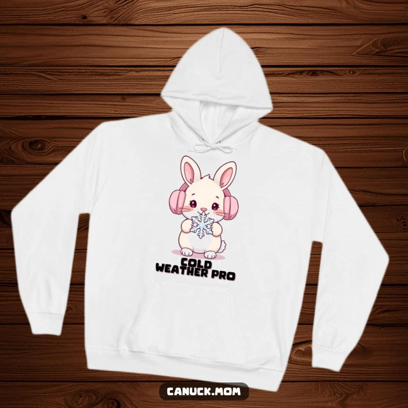 Funny snow bunny rabbit wearing ear muffs, holding a snowflake, cozy hoodie for winter comfort.