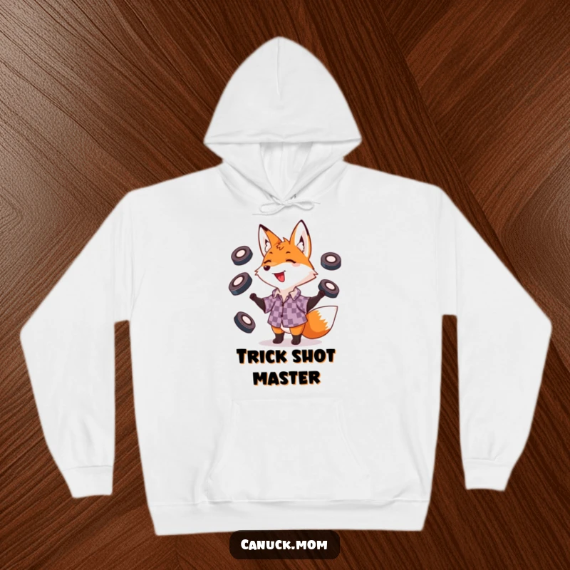 Funny fox in a checkered shirt juggling hockey pucks, designed for comfort and a playful attitude.