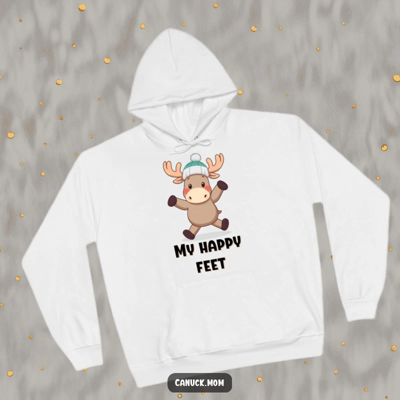 Funny Moose Dance Hoodie: A happy moose in a toque performing a cheerful dance, showcasing fun and comfort.