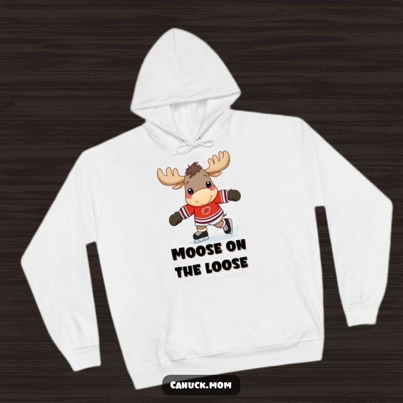 Funny moose hoodie showing a cheerful moose in a hockey jersey, happily skating, perfect for staying warm and humorous.