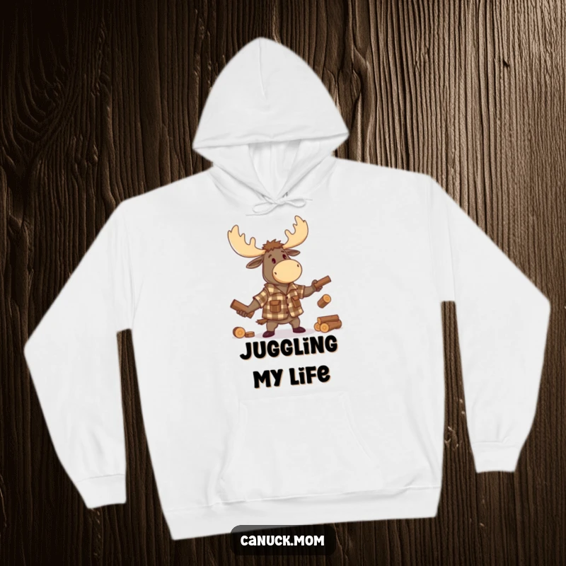 Funny Moose Lumberjack Hoodie, depicting a smiling cartoon moose in red plaid, juggling small logs with impressive skill, cozy and humorous.