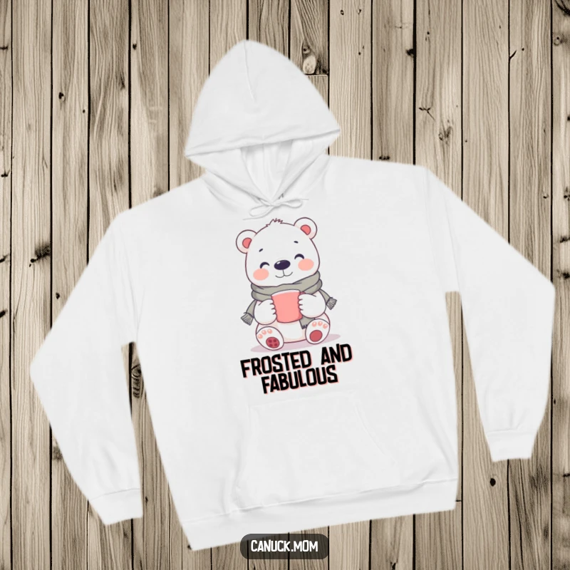 Funny Polar Bear Hoodie: A plush hoodie featuring a smiling polar bear wearing a scarf and holding a comforting mug.