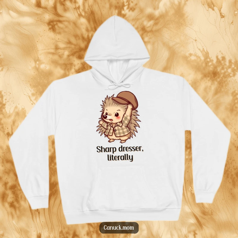 Funny porcupine in a plaid shirt playfully tossing a hat, comfortable and humorous hoodie.