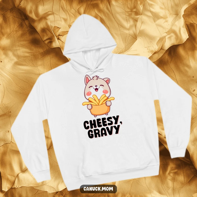 Funny hoodie showing an animal character smiling widely while holding a poutine.