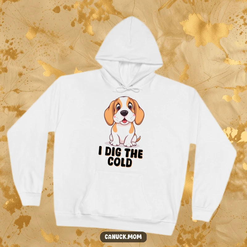 Funny and warm hoodie with a Basset Hound wearing earmuffs, looking amused by falling snowflakes, perfect for winter.