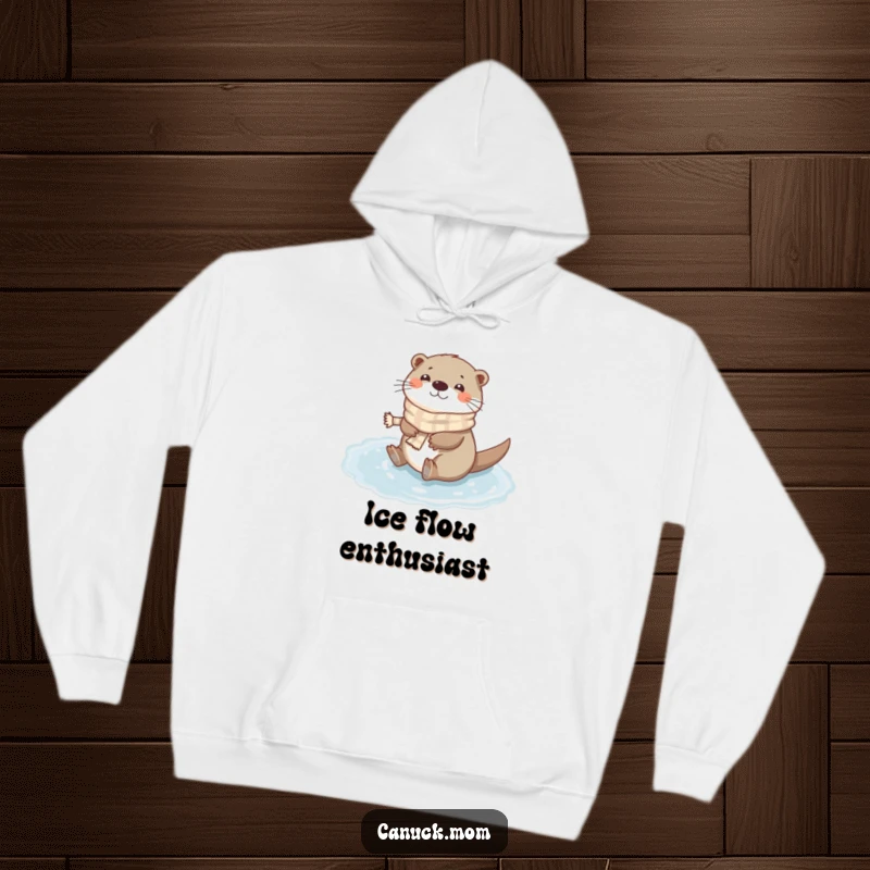 Funny Otter Scarf Hoodie: A happy otter wearing a tiny scarf gleefully slides on a frozen puddle, perfect for cozy days.