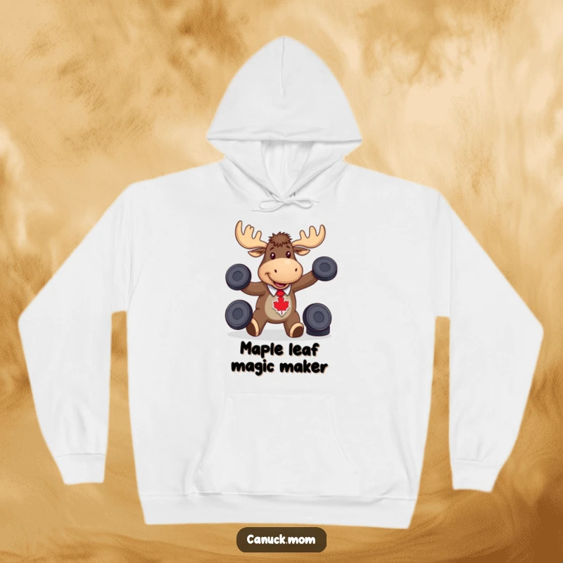 Funny moose in a maple leaf tie energetically juggling hockey pucks, conveying playful Canadian spirit.