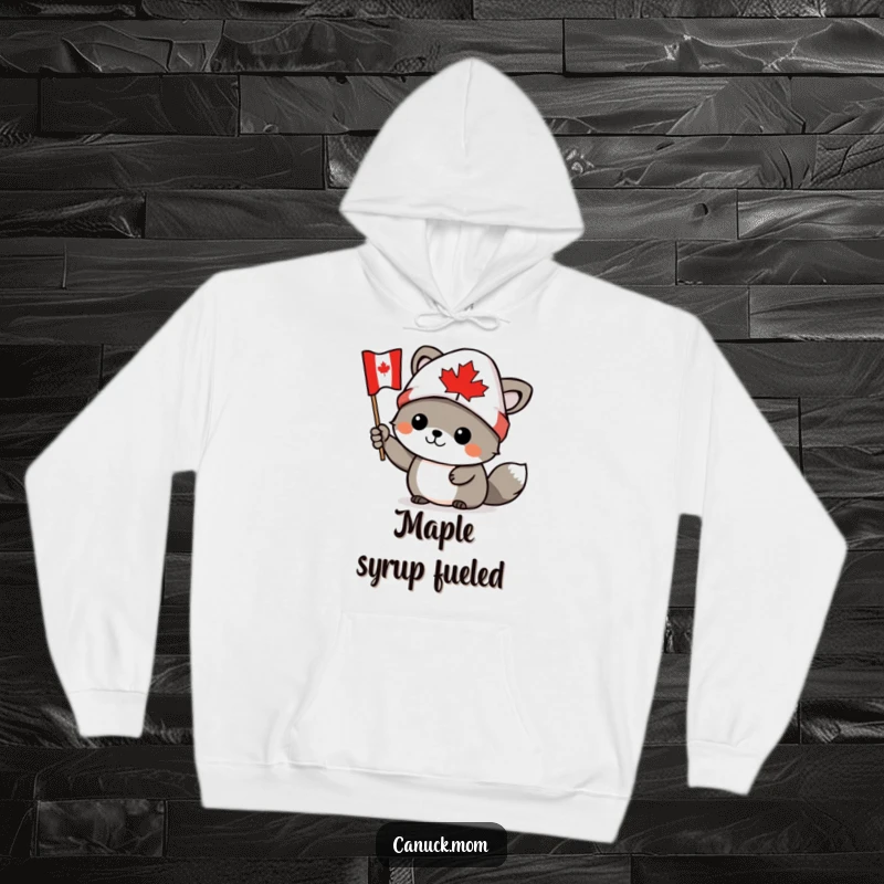 Funny Canadian animal character wearing a toque, waving a tiny Canadian flag, on a warm hoodie, a great funny gift.