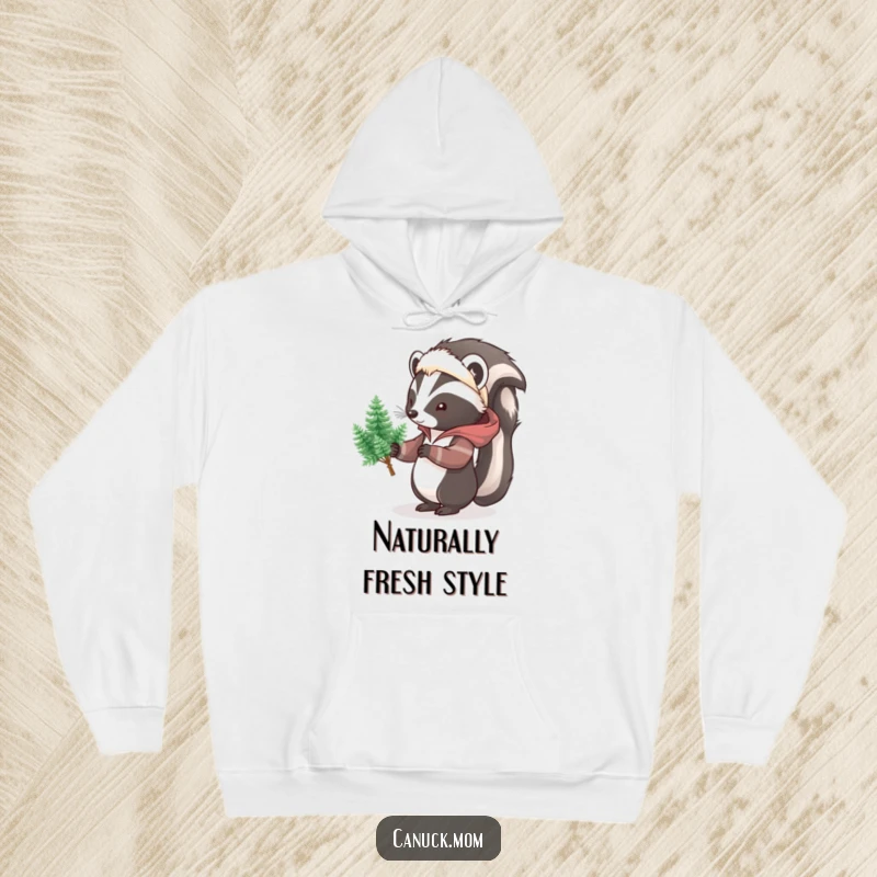 Funny Skunk Parka Hoodie, a warm hooded sweatshirt depicting a cartoon skunk in a parka, offering a bunch of tiny pine trees, cozy fun.